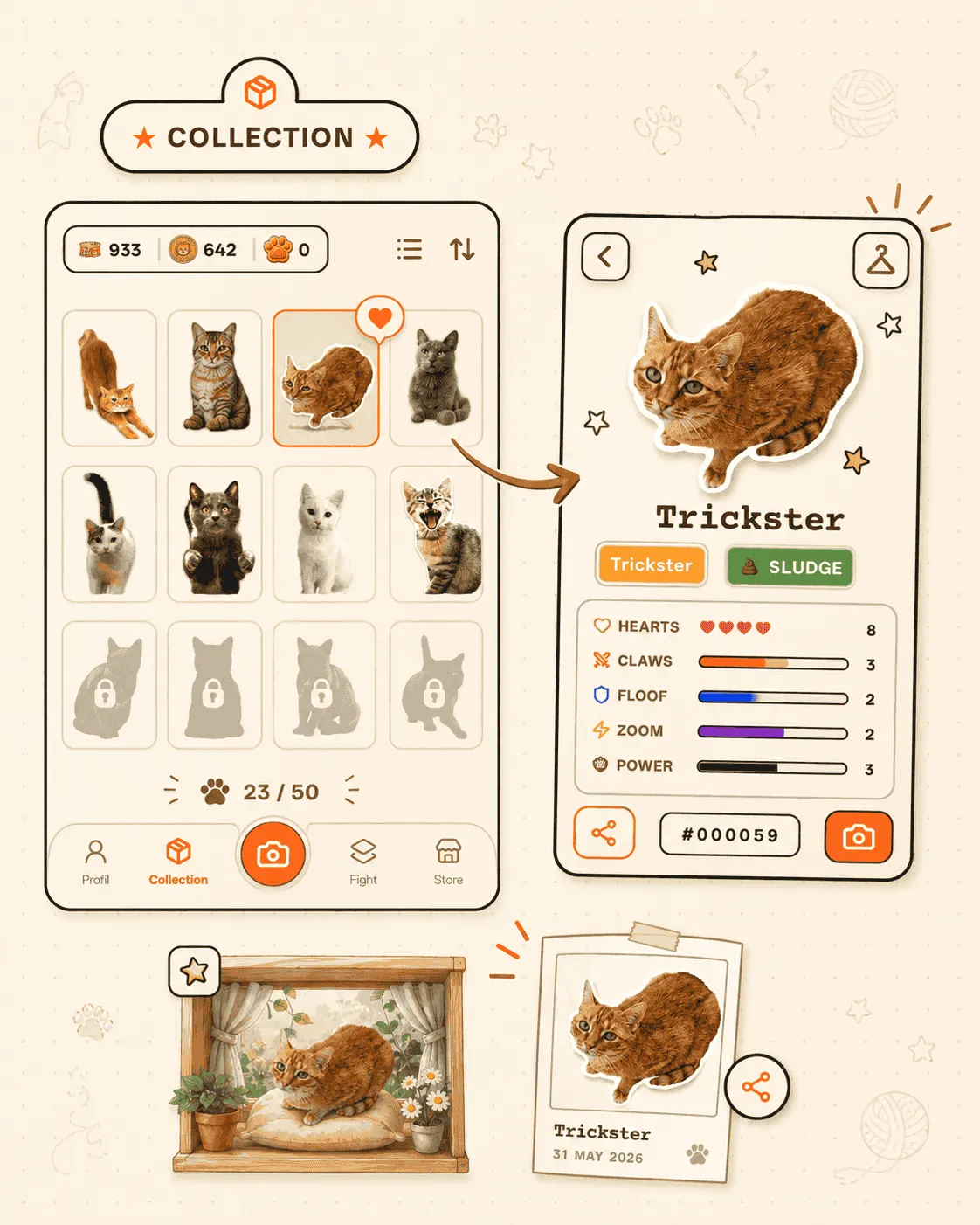 CatchCat collection screen showing a discovered cat figurine.
